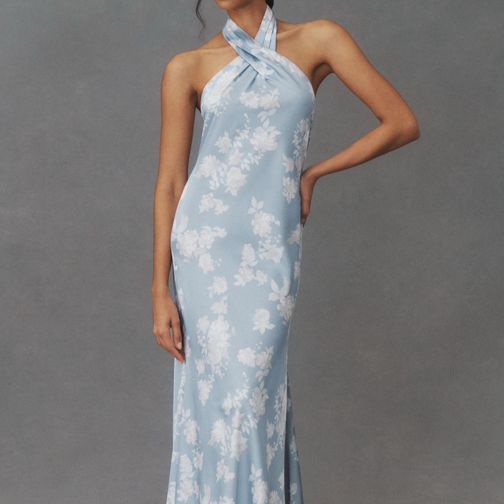 Anthropologie Sky Blue Floral Halter Maxi Dress